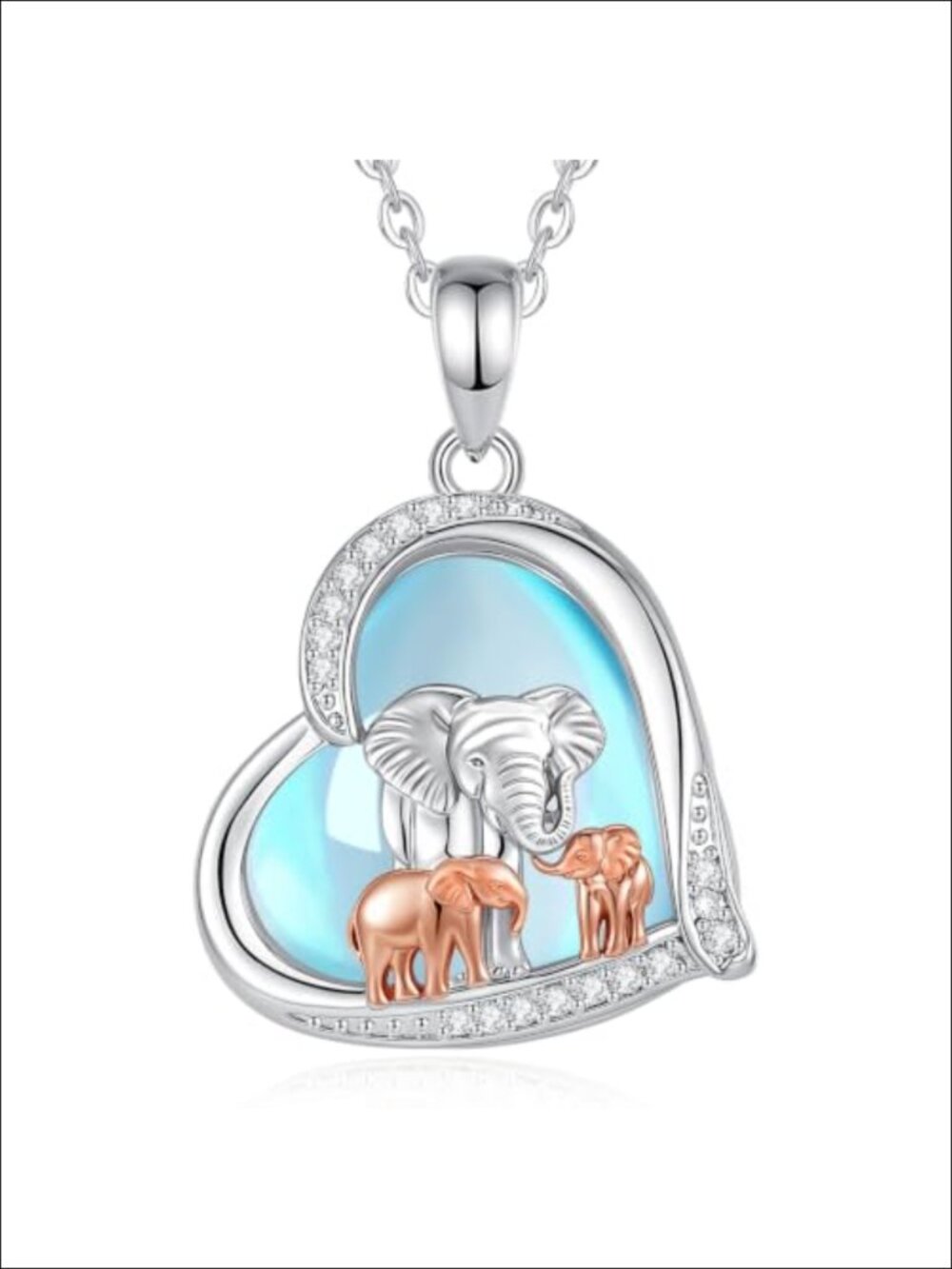 Rhodium Plated Copper Moonstone Elephant Heart Pendant Necklace Women Mama